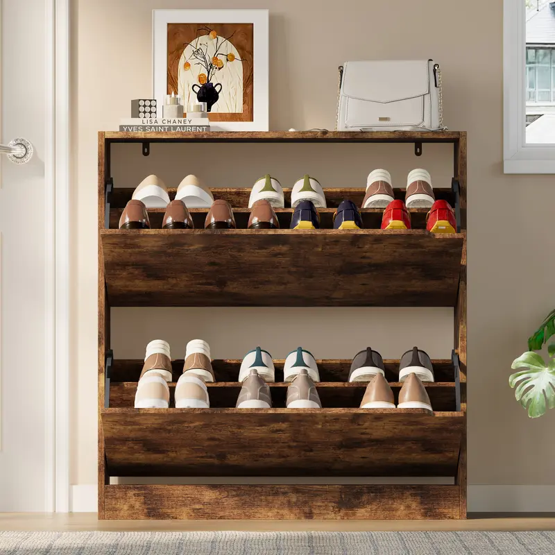 Natural Finish Adjustable Shoe Cabinet with Hidden Storage