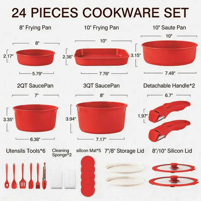 *24/7/5 Piece Aluminum Non-Stick Cookware Set with Detachable Handles, Stackable Space Saving Pots & Pans, Oven & Dishwasher Safe for RV, Camping & Small Kitchens