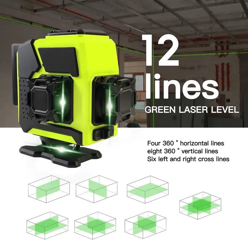 12‑Line Green Laser Level, 3×360° Self‑Leveling Cross Line Laser with Remote Control, 2×2000mAh Batteries, Full Accessories Kit for Tiling Cabinet Installation Indoor Outdoor Construction