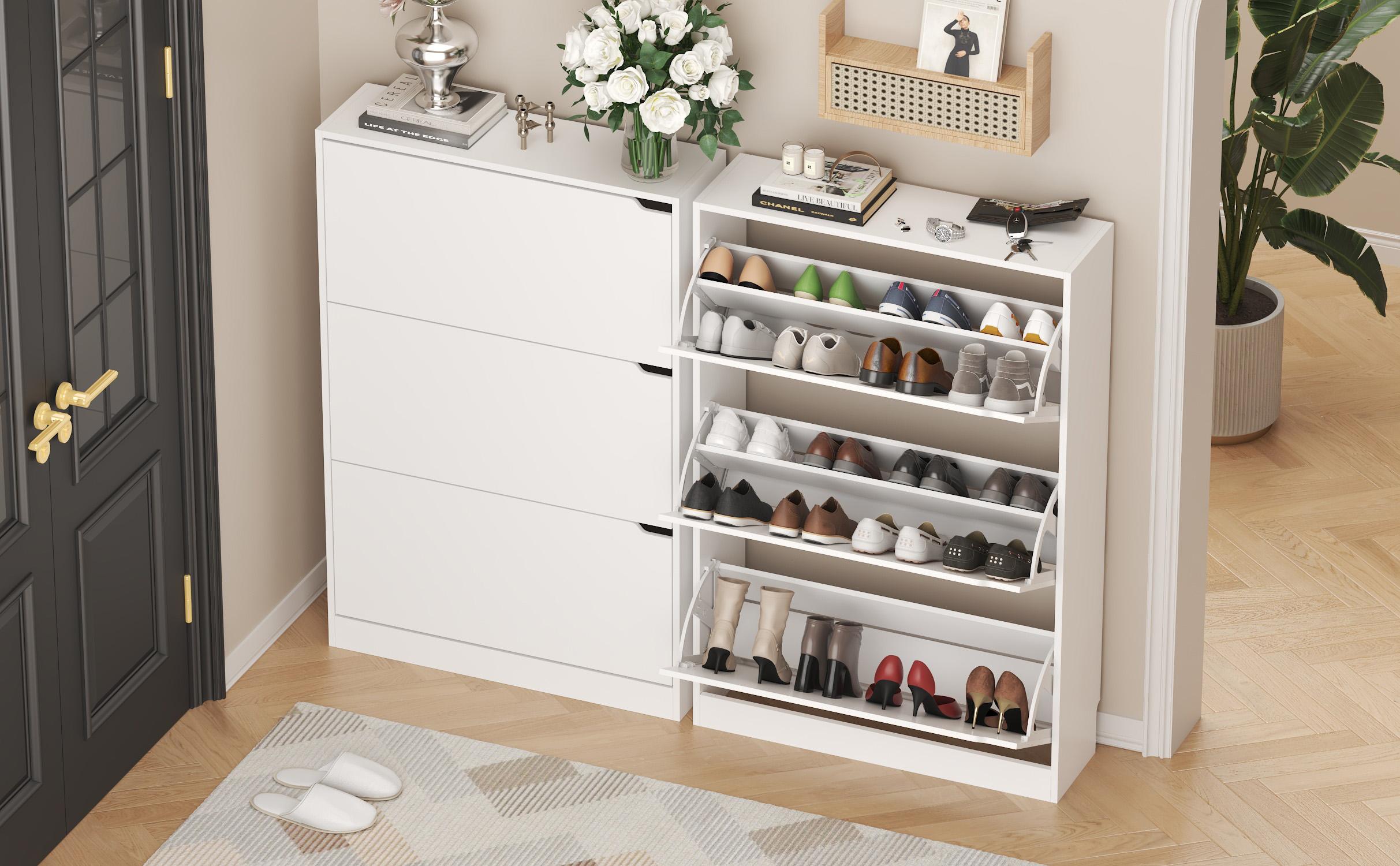 Natural Finish Adjustable Shoe Cabinet with Hidden Storage