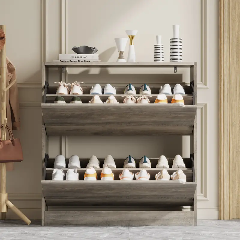 Natural Finish Adjustable Shoe Cabinet with Hidden Storage
