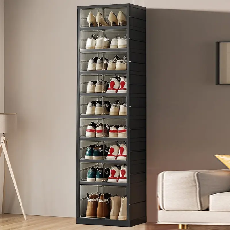 Black Foldable 9-Tier Shoe Rack Organizer with Clear Doors & Wheels, Space-Saving Storage Cabinet Holds 18 Pairs, Adjustable Height Plastic Magnetic Stackable Storage for Closet Bedroom