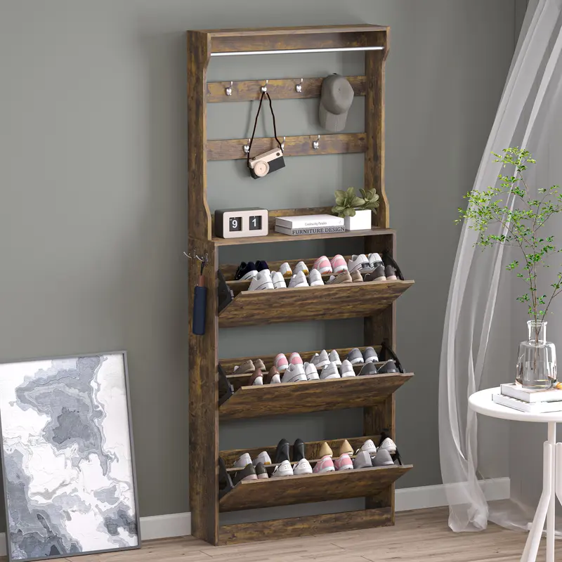 Natural Finish Adjustable Shoe Cabinet with Hidden Storage