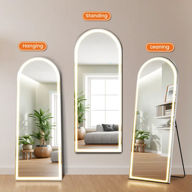 Arch LED Full Length Mirror, 3 Light Modes Stepless Dimmable Touch Control, HD Explosion-Proof Glass Aluminum Frame, 3 Ways to Place Standing/Leaning/Wall Mount, Multiple Sizes for Bedroom Dressing Room