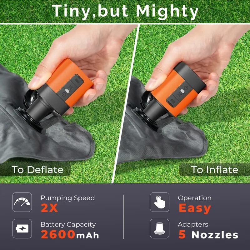 Portable Rechargeable Air Pump with 600L/min Fast Inflation Deflation, Built-in 2600mAh Battery, 600LM 3-Mode Camping Light, 5 Nozzles for Air Mattress, Pool Float & Vacuum Storage Bags