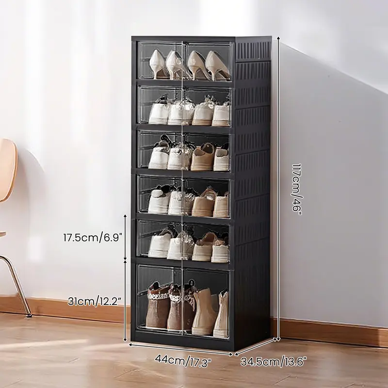 Black Foldable 9-Tier Shoe Rack Organizer with Clear Doors & Wheels, Space-Saving Storage Cabinet Holds 18 Pairs, Adjustable Height Plastic Magnetic Stackable Storage for Closet Bedroom