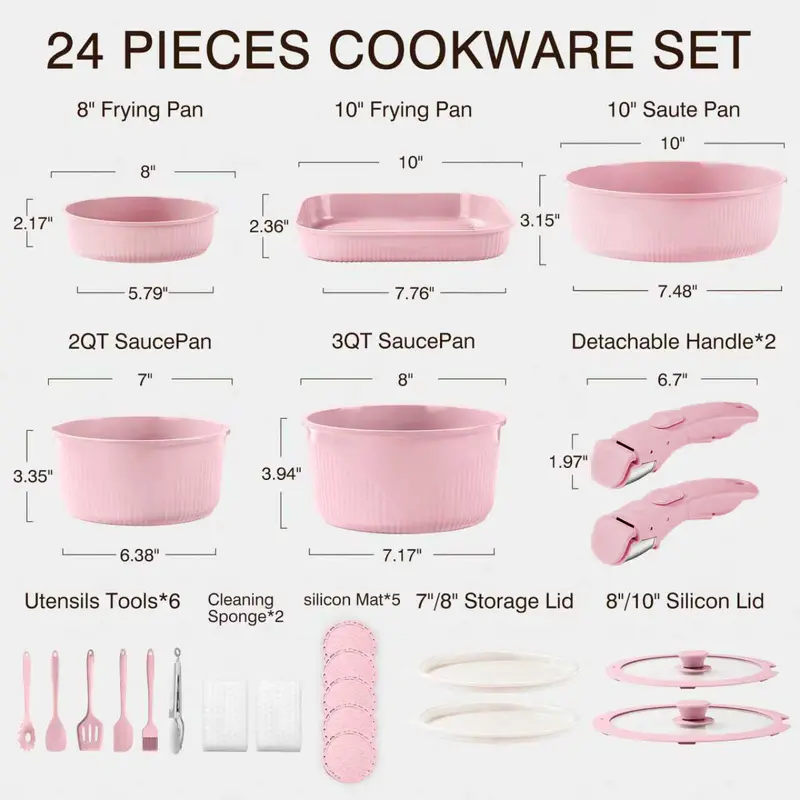 *24/7/5 Piece Aluminum Non-Stick Cookware Set with Detachable Handles, Stackable Space Saving Pots & Pans, Oven & Dishwasher Safe for RV, Camping & Small Kitchens