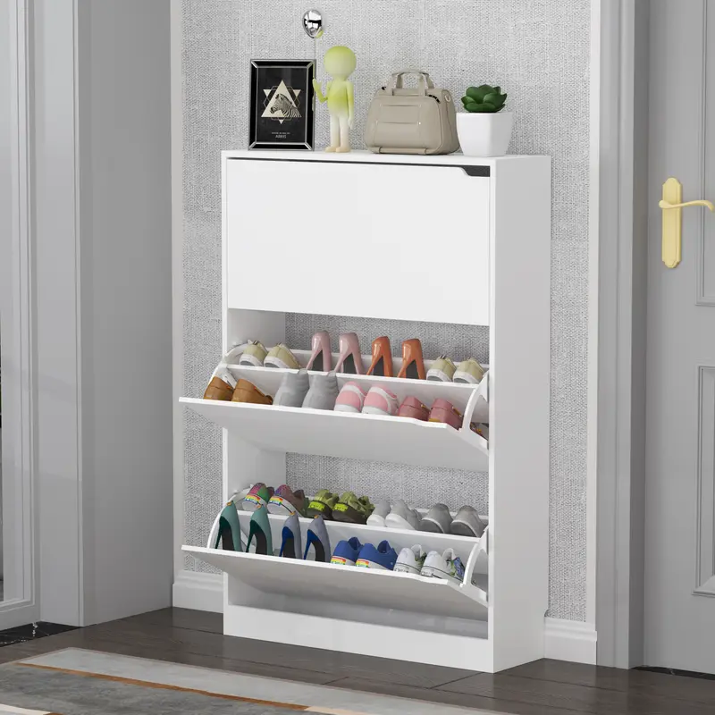 Natural Finish Adjustable Shoe Cabinet with Hidden Storage