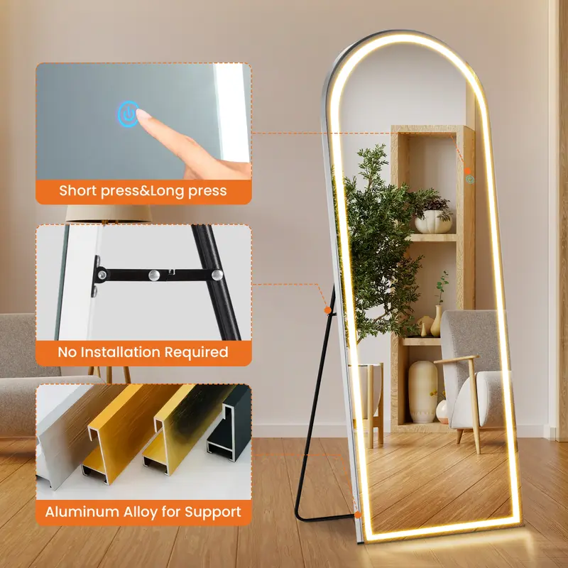 Arch LED Full Length Mirror, 3 Light Modes Stepless Dimmable Touch Control, HD Explosion-Proof Glass Aluminum Frame, 3 Ways to Place Standing/Leaning/Wall Mount, Multiple Sizes for Bedroom Dressing Room