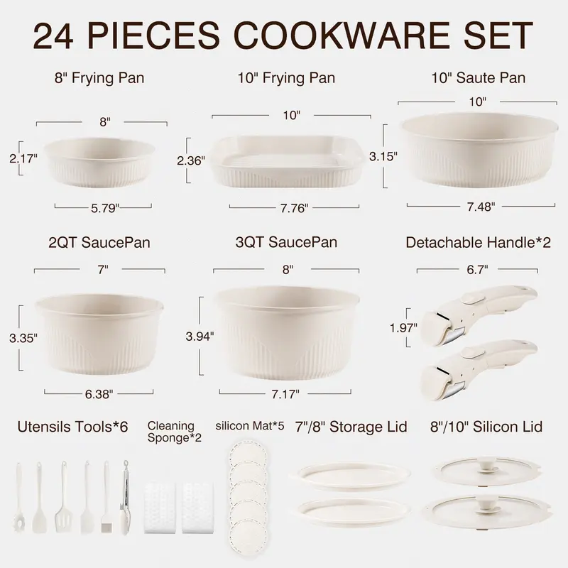 *24/7/5 Piece Aluminum Non-Stick Cookware Set with Detachable Handles, Stackable Space Saving Pots & Pans, Oven & Dishwasher Safe for RV, Camping & Small Kitchens