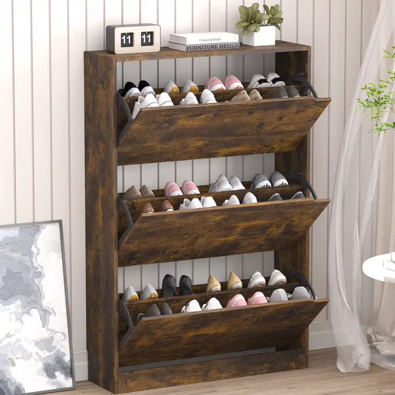 Natural Finish Adjustable Shoe Cabinet with Hidden Storage