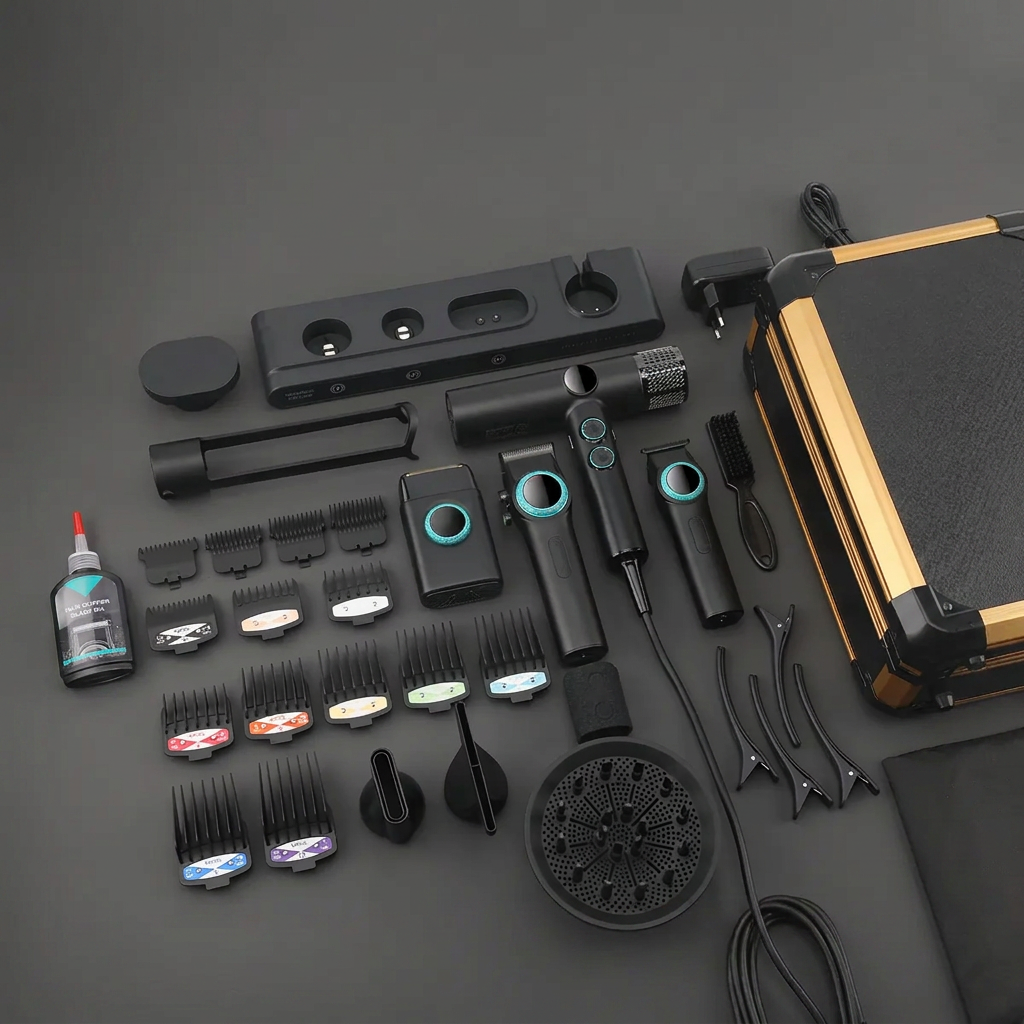 Professional Barber 4-in-1 Set with Hair Clipper, Trimmer & Dryer