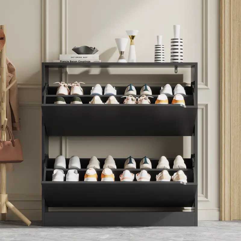 Natural Finish Adjustable Shoe Cabinet with Hidden Storage