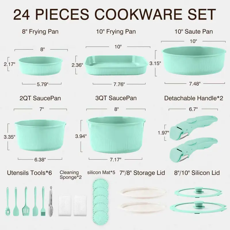 *24/7/5 Piece Aluminum Non-Stick Cookware Set with Detachable Handles, Stackable Space Saving Pots & Pans, Oven & Dishwasher Safe for RV, Camping & Small Kitchens