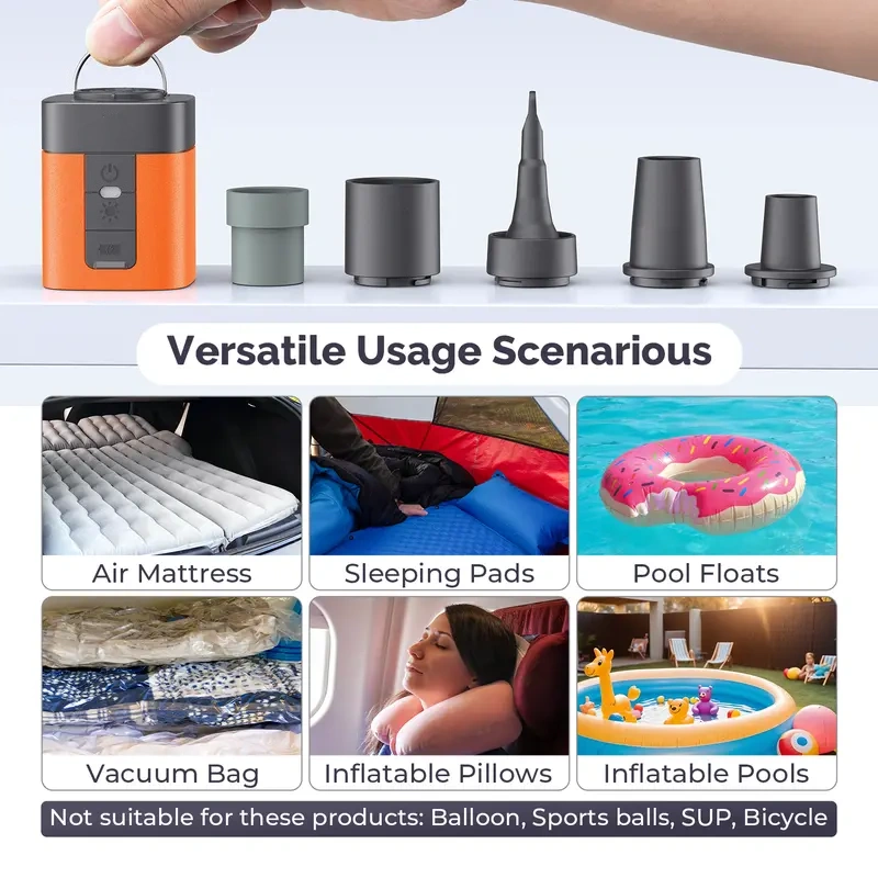 Portable Rechargeable Air Pump with 600L/min Fast Inflation Deflation, Built-in 2600mAh Battery, 600LM 3-Mode Camping Light, 5 Nozzles for Air Mattress, Pool Float & Vacuum Storage Bags