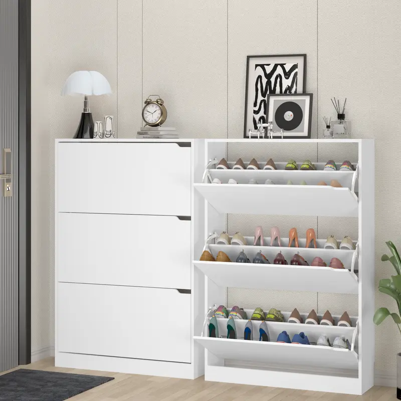 Natural Finish Adjustable Shoe Cabinet with Hidden Storage
