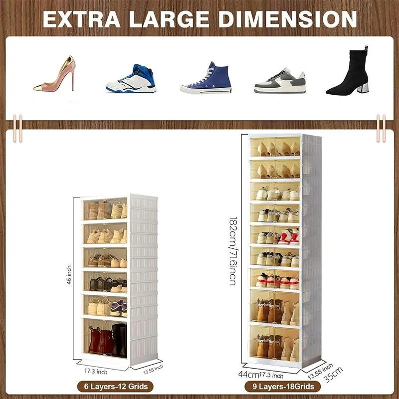 Black Foldable 9-Tier Shoe Rack Organizer with Clear Doors & Wheels, Space-Saving Storage Cabinet Holds 18 Pairs, Adjustable Height Plastic Magnetic Stackable Storage for Closet Bedroom
