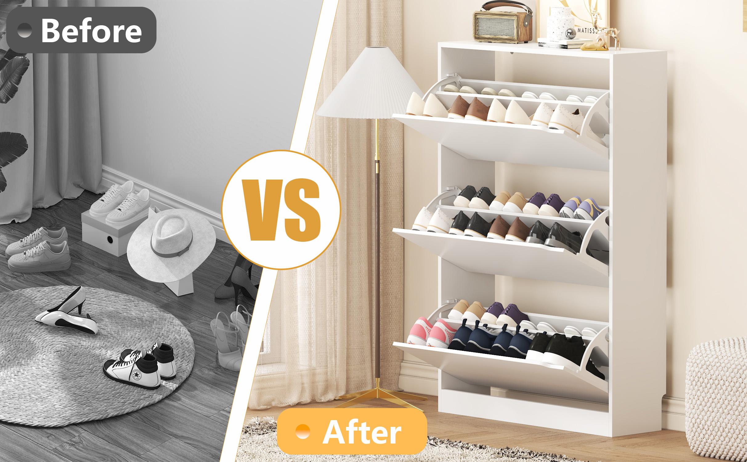 Natural Finish Adjustable Shoe Cabinet with Hidden Storage