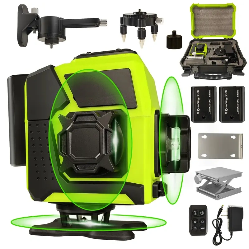 12‑Line Green Laser Level, 3×360° Self‑Leveling Cross Line Laser with Remote Control, 2×2000mAh Batteries, Full Accessories Kit for Tiling Cabinet Installation Indoor Outdoor Construction
