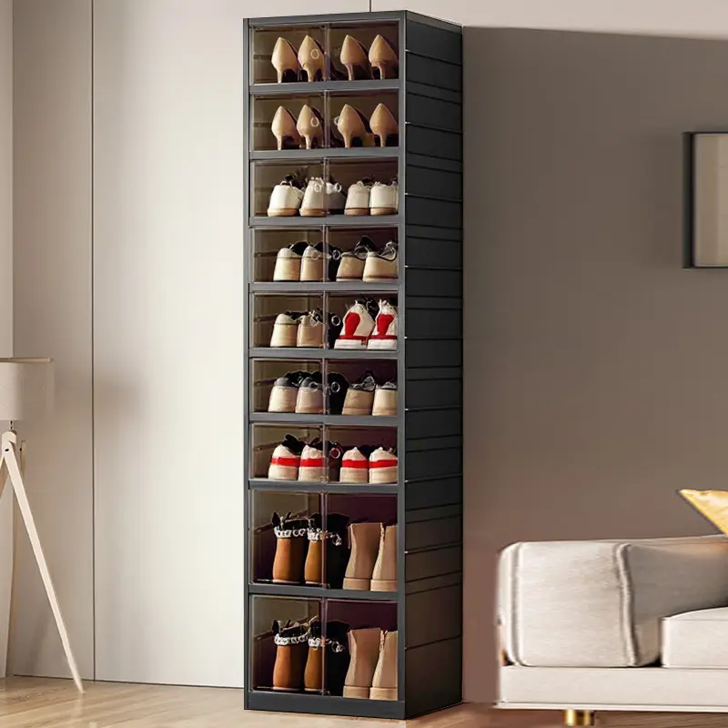 Black Foldable 9-Tier Shoe Rack Organizer with Clear Doors & Wheels, Space-Saving Storage Cabinet Holds 18 Pairs, Adjustable Height Plastic Magnetic Stackable Storage for Closet Bedroom