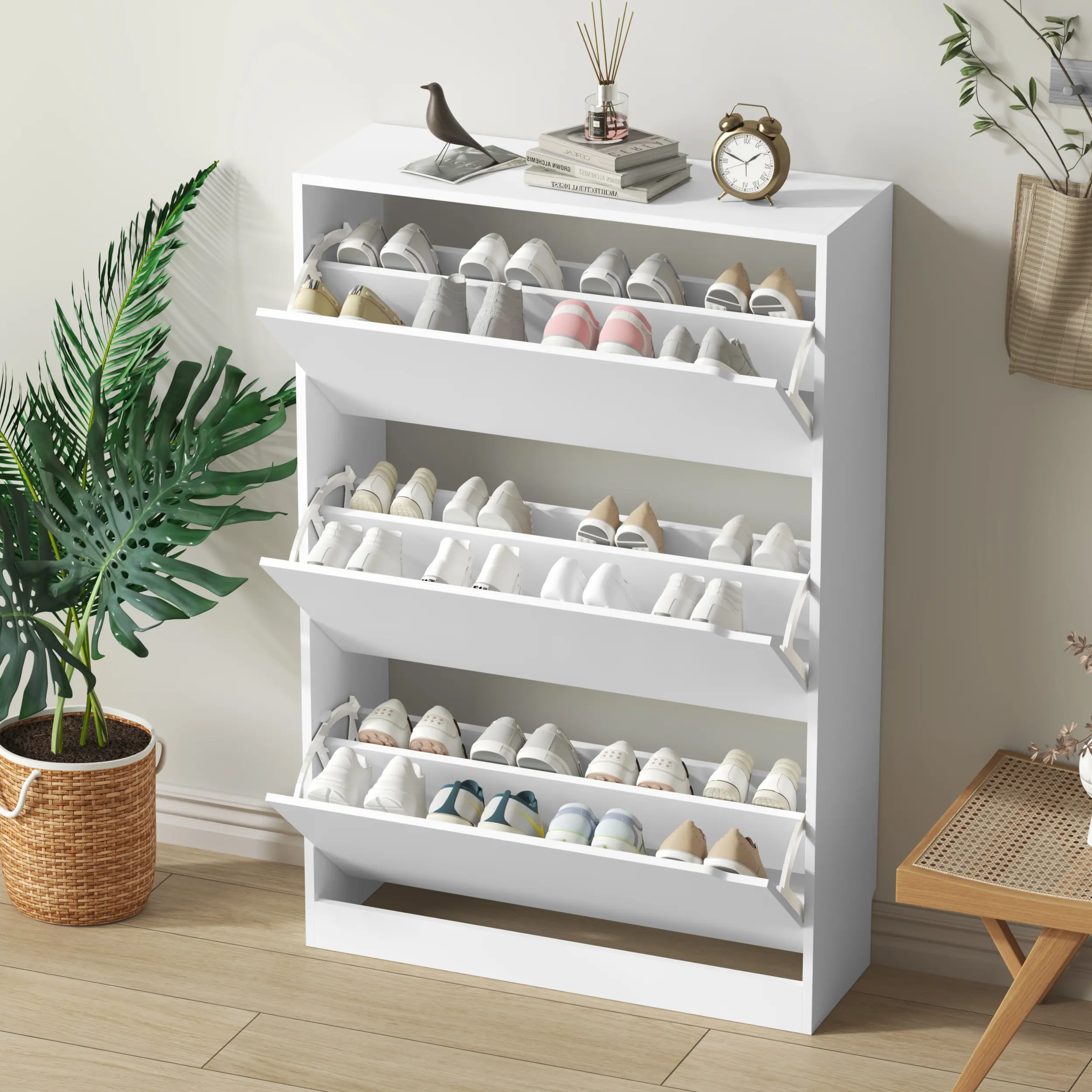 Natural Finish Adjustable Shoe Cabinet with Hidden Storage