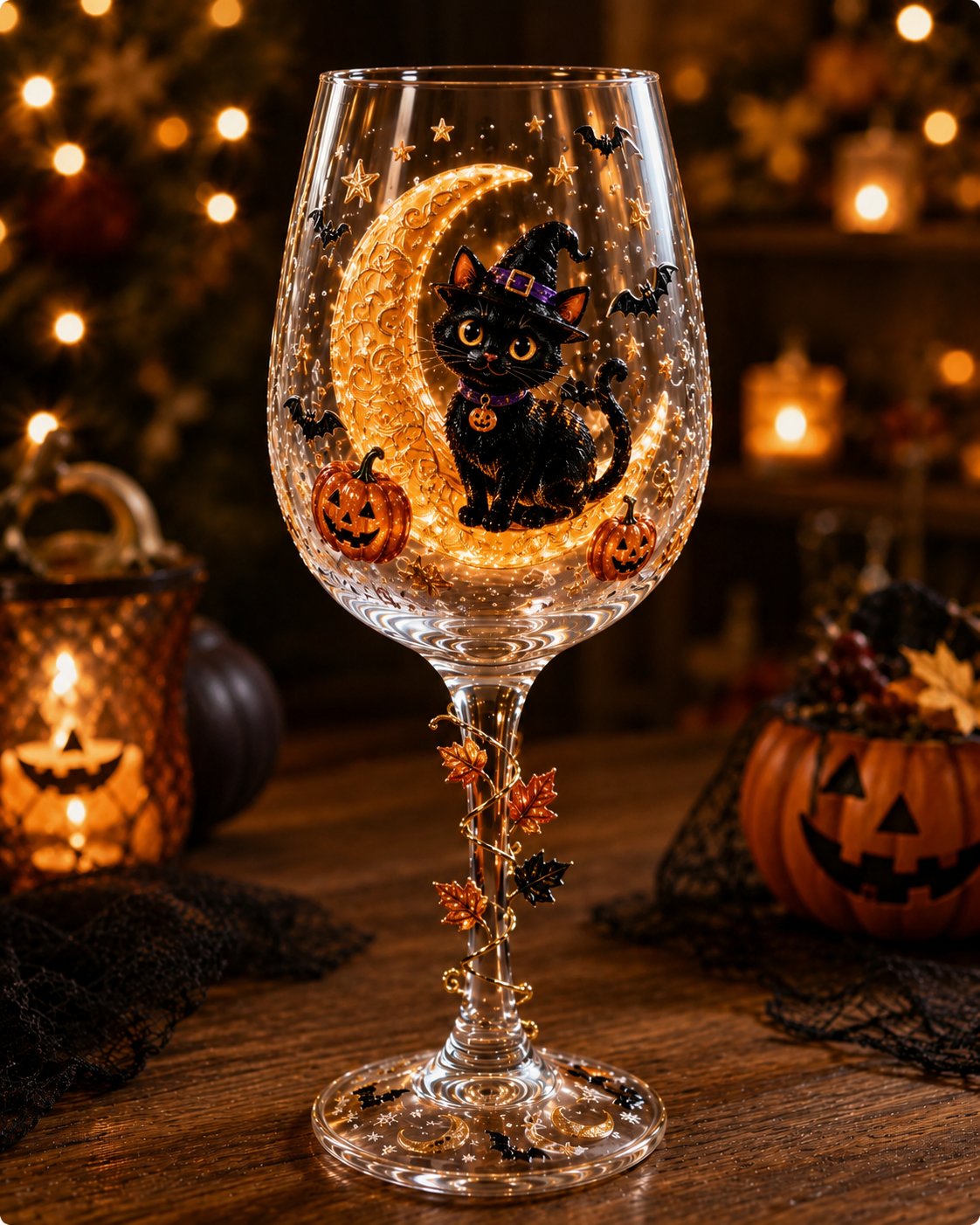Moonlight Cat Halloween goblet close-up