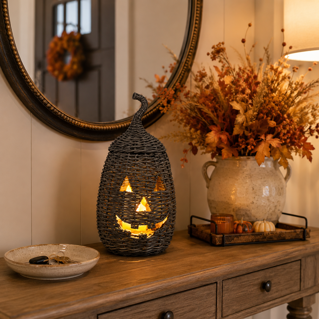 Rustic Woven Rattan Pumpkin Candle Holder – Hand-Woven Halloween Pumpkin Lantern