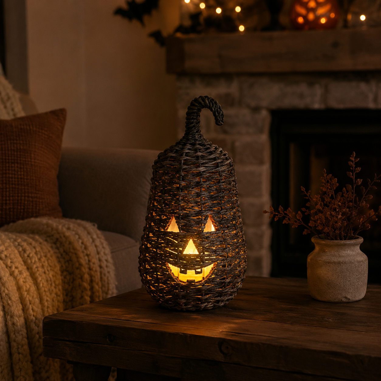 Rustic Woven Rattan Pumpkin Candle Holder – Hand-Woven Halloween Pumpkin Lantern