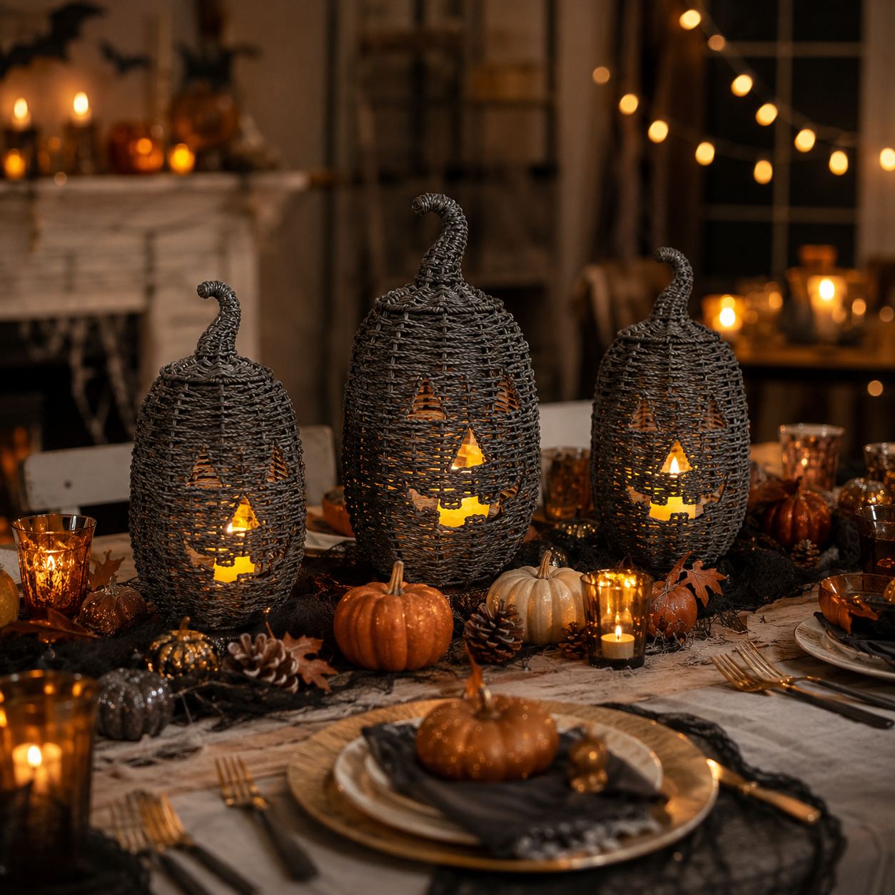 Rustic Woven Rattan Pumpkin Candle Holder – Hand-Woven Halloween Pumpkin Lantern