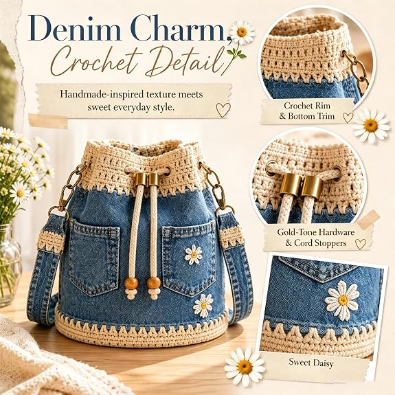 🔥 HOT SALE 50% OFF ✨ 👜Handmade Denim Crochet Bucket Bag – Daisy-Embroidered Drawstring Crossbody Bag