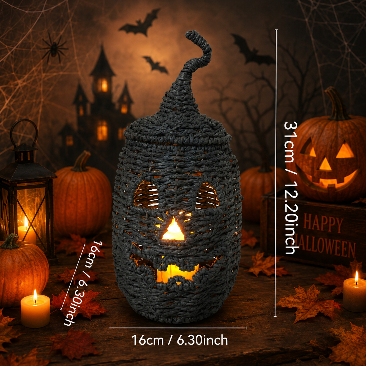 Rustic Woven Rattan Pumpkin Candle Holder – Hand-Woven Halloween Pumpkin Lantern