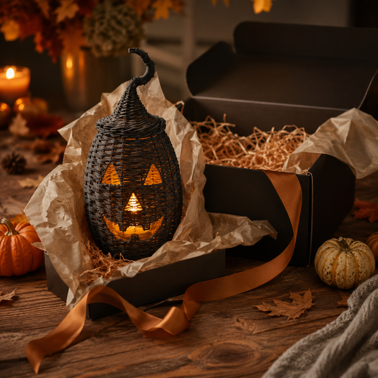 Rustic Woven Rattan Pumpkin Candle Holder – Hand-Woven Halloween Pumpkin Lantern