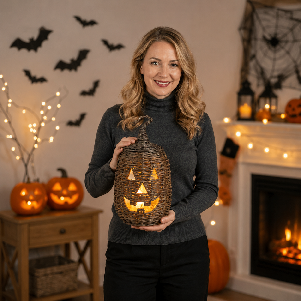 Rustic Woven Rattan Pumpkin Candle Holder – Hand-Woven Halloween Pumpkin Lantern