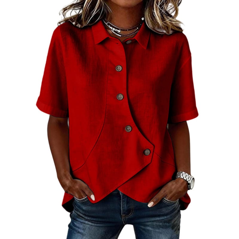Women's collared irregular shirt | Loose fit, slimming, short-sleeved casual and versatile top