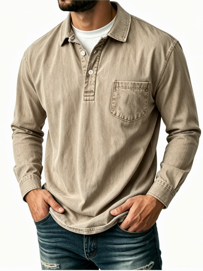 Herren-Freizeit-Poloshirt aus gewaschener Baumwoll-Leinen-Mischung