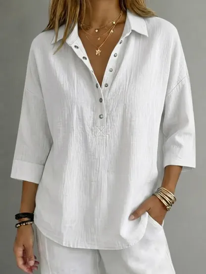 🔥 RÄUMUNGSVERKAUF – Lässige Damen-Henley-Bluse aus Leinenmischgewebe mit 3/4-Ärmeln