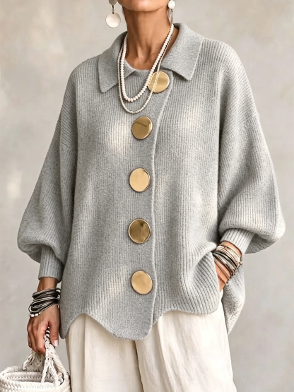 RÄUMUNGSVERKAUF 🔥 Oversize-Strickjacke mit Kragen und großen Metallknöpfen