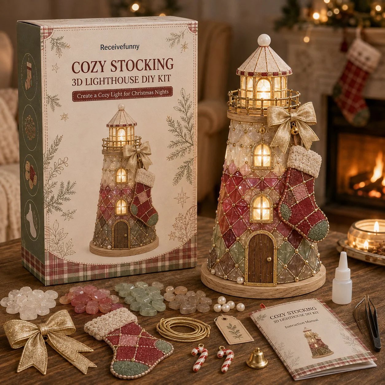 🎄 Anfängerfreundliches DIY-Leuchtturm-Bastelset mit beleuchteten Weihnachtsfiguren im Seeglas-Stil | Komplettset mit Seeglas-Elementen, LED-Lichtern & Schritt-für-Schritt-Anleitung 💕