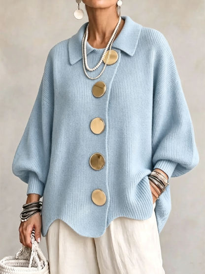 RÄUMUNGSVERKAUF 🔥 Oversize-Strickjacke mit Kragen und großen Metallknöpfen