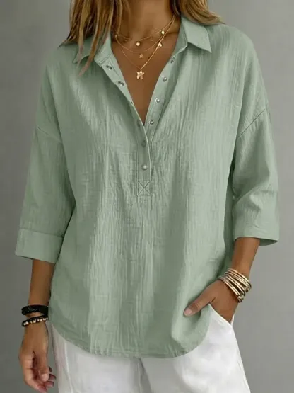 🔥 RÄUMUNGSVERKAUF – Lässige Damen-Henley-Bluse aus Leinenmischgewebe mit 3/4-Ärmeln