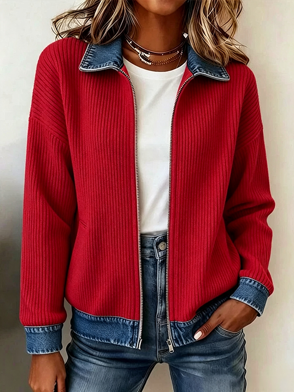RÄUMUNGSVERKAUF 🔥 Damen-Freizeitjacke aus Rippstrick mit Reißverschluss und kontrastierenden Denim-Details