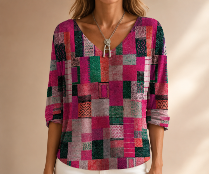 Vintage karierte Damenbluse mit V-Ausschnitt und Halbarm