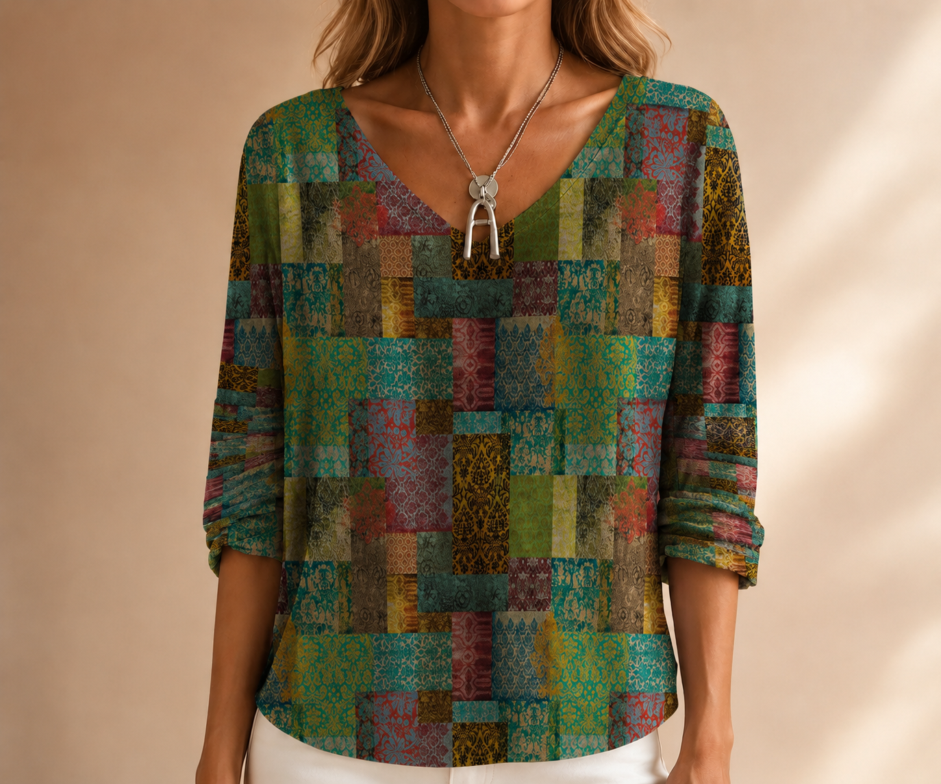Vintage karierte Damenbluse mit V-Ausschnitt und Halbarm
