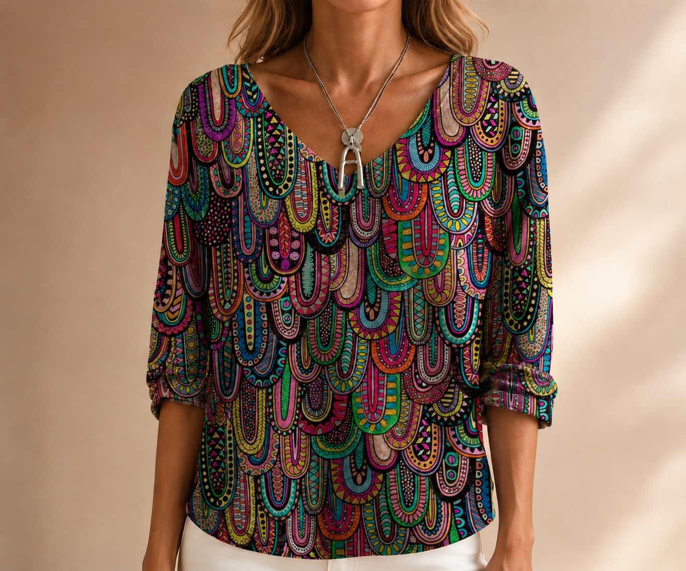 Vintage karierte Damenbluse mit V-Ausschnitt und Halbarm