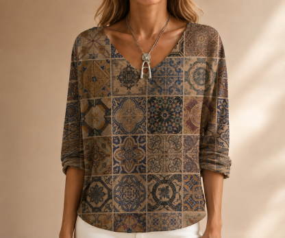 Vintage karierte Damenbluse mit V-Ausschnitt und Halbarm