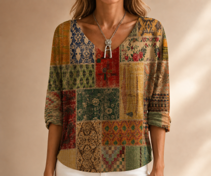 Vintage karierte Damenbluse mit V-Ausschnitt und Halbarm