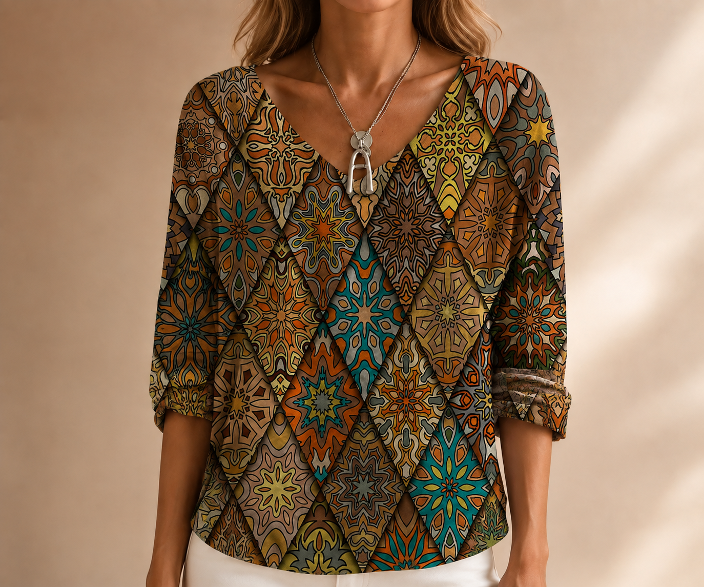 Vintage karierte Damenbluse mit V-Ausschnitt und Halbarm