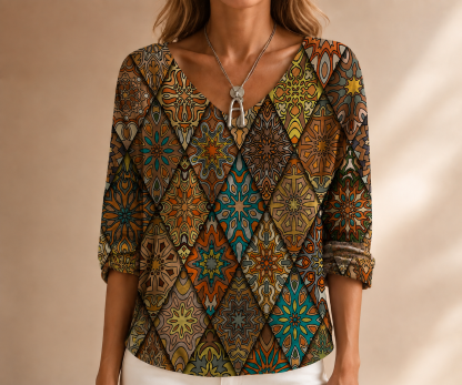 Vintage karierte Damenbluse mit V-Ausschnitt und Halbarm