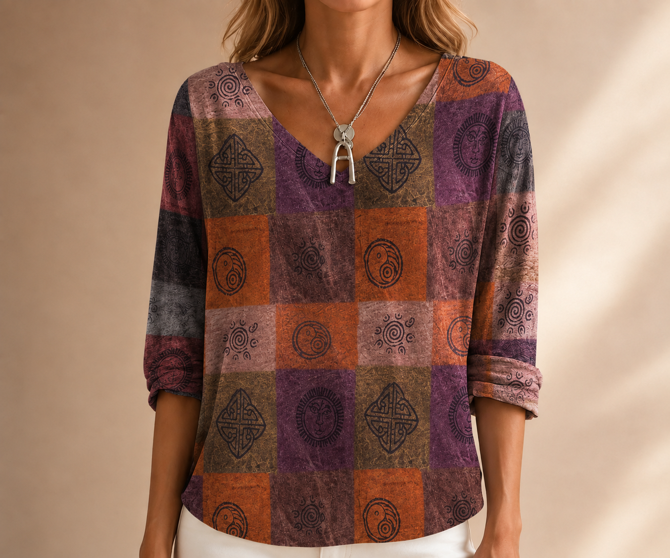 Vintage karierte Damenbluse mit V-Ausschnitt und Halbarm
