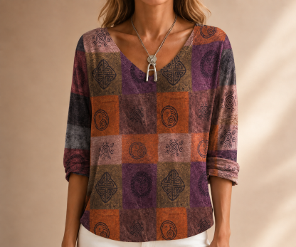 Vintage karierte Damenbluse mit V-Ausschnitt und Halbarm